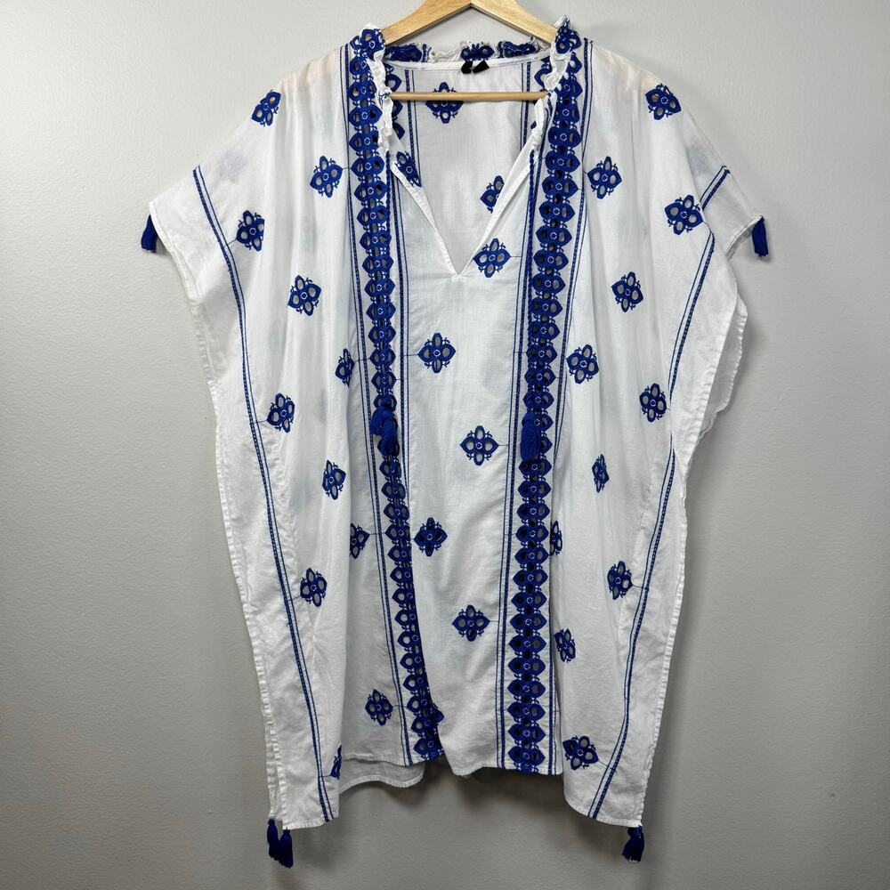 J Crew Women's Swim Coverup Dress Medium White Blue Embroidered Kimono